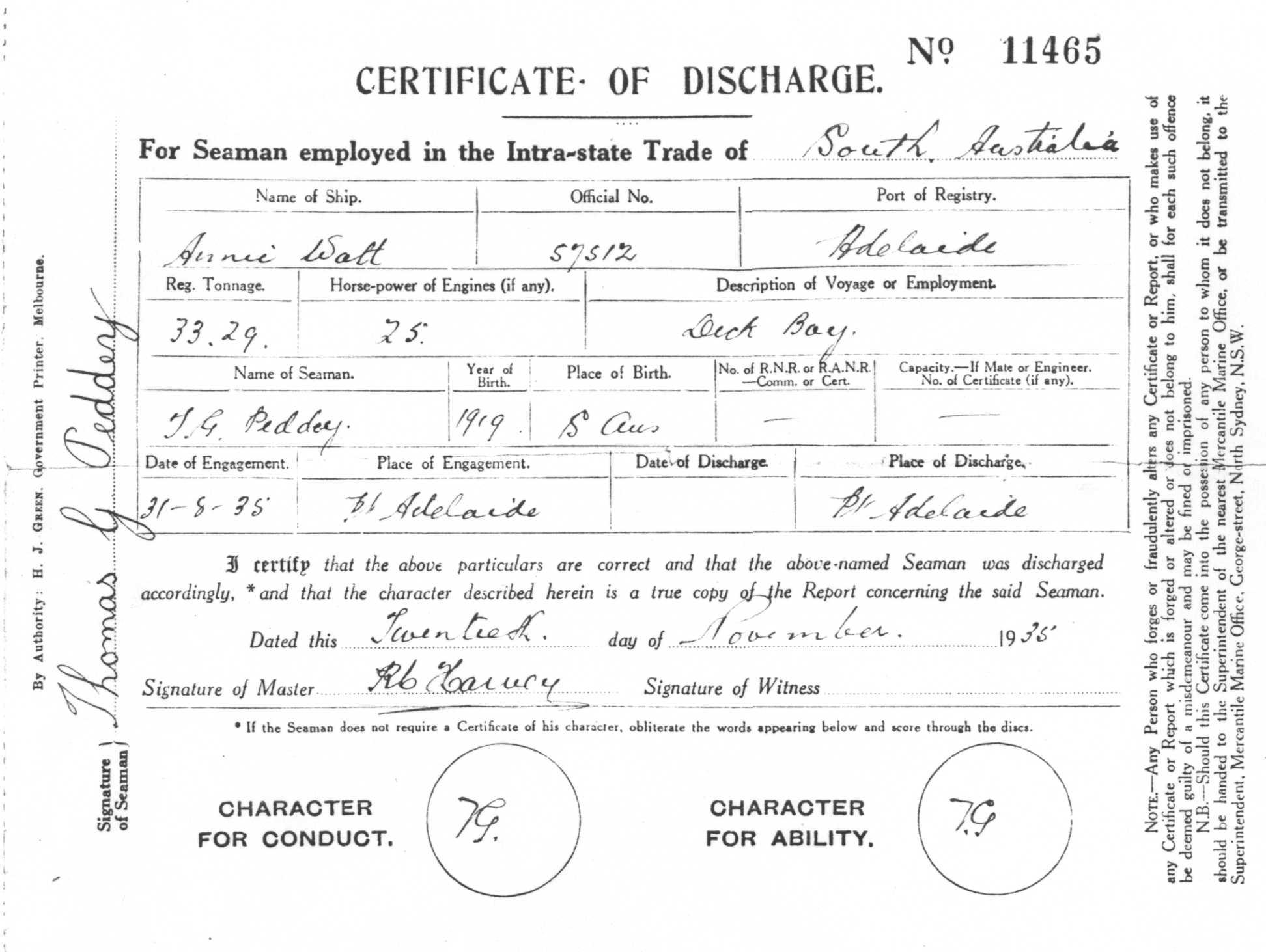 ANNIE WATT This image shows a certificate of discharge of T.G. Peddey from "Annie Watt" on 20 - 11 - 1935 by captain R.C. Harvey.
