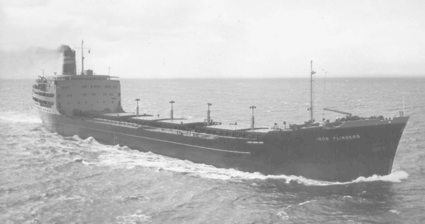 S.S. "Iron Flinders", gross tonnage 14309.  Built in Whyalla by BHP in 1959.  Owned by BHP and employed in the steel trades as a bulk carrier from 1959 until 1977. Sold to Ship breakers in Hong Kong.  Official number 196774.
Port of Registry:  Melbourne
