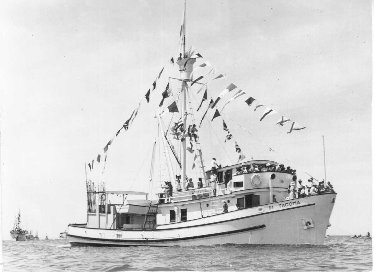 Fishing Vessel "Tacoma", gross tonnage of 129, built in 1951 by Haldane Brothers Pty Ltd in Port fairy, Victoria.  Official Number 178452.  Owned by Tacoma Pty Ltd, Port Adelaide.  Speed of 9 knots.
Dimensions - length 25.61, breadth 6.58, draught 2.591m