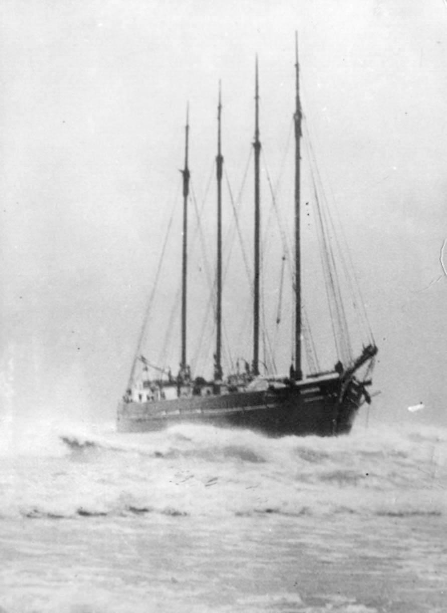 "Kermandie", the last four masted sailing ship to trade in Australian waters.  Built in 1920 by CM McKay of Hobart.  An auxilliary engined wooden schooner with a gross tonnage of 343.  This well known Tasmanian worked continuously until about 1946, often 