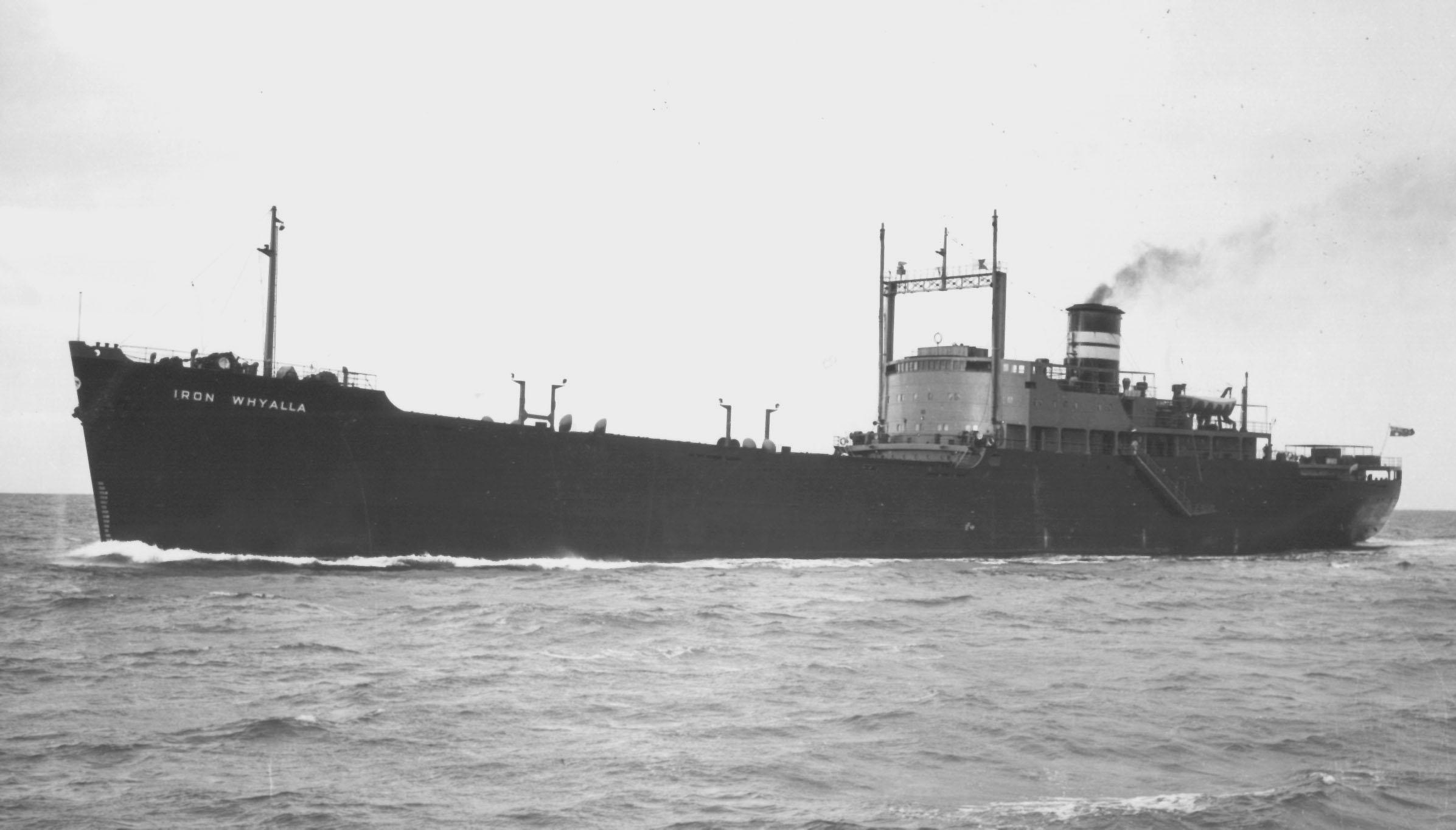 General Cargo vessel "Iron Whyalla".  Built in Whyalla in 1954, employed in stell trades, and owned by Broken Hill Pty Co Ltd.
Official Number:  177245
Dimensions:  length 489'0", breadth 62'1", draught 25'91/4"
Port Of Registry:  Melbourne
Flag:  Bri
