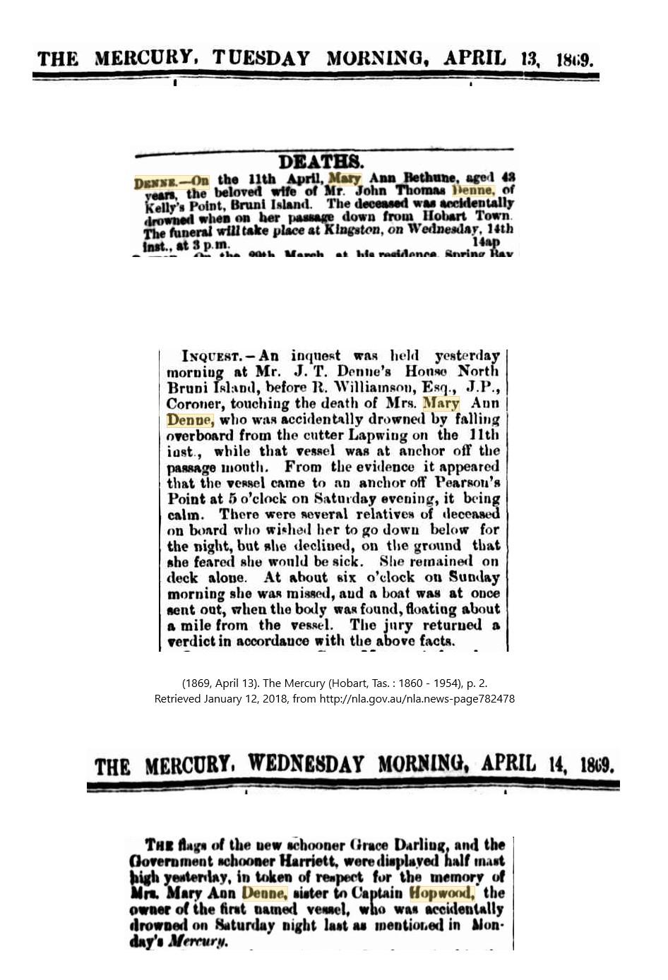 Newspaper reports of a drowning from aboard the Lapwing of the sister of Captain Henry Hopwood