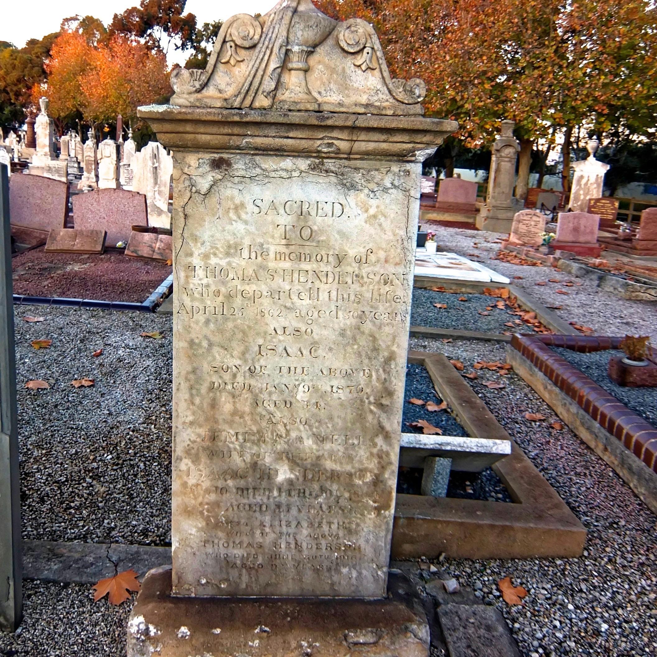 Thomas Henderson Gravestone Hindmarsh Cemetery Adelaide South Australia, Upper A 25:26.