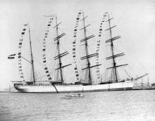 Training ship "Herzogin Sophie Charlotte" on the birthday of H.M. Kaiser Wilhelm 2 1902.  Built in 1894 at Bremerhaven as "Albert Rickmers" by Rickmers for themselves.  A 4 masted steel Barque, she was purchased by North German Lloyd in 1900 and used as a