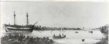 Landing at Old Port.  Adelaide's first port (1839) - a distant view of the landing place at Old Port, which was selected by the pioneers as offering the best natural facilities with the intervening belt of mangroves being scarcely 400 yards through.  In 1