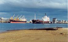 Iron Sturt passing Handy Silver at her berth at Port Adelaide.