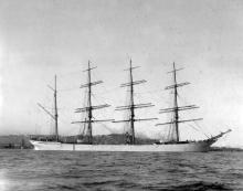 4 masted full rigged steel ship, later a Barque, "Pinmore", built in 1882 at Glasgow by J Reid & Co for J Kerr & Co.  She was captured off Rio De Janeiro in February 1917 by Count Felix von Luckner (who served his apprenticeship in her) who was commanding