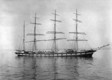 Four masted Iron Barque "Port Jackson", built in 1882 at Aberdeen by A Hall & Co for Duthie Bros.  This vessel traded regularly to Australia and when sold to Devitt & Moore in 1906 became a cadet training ship, remaining in the same trade until she was to