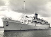 Passenger vessel "Oranje", built by Nederlandsche Scheepsbouw Maatschappij, Amsterdam, Netherlands.  Vessel was launched on 8 September 1938 by H.M. Queen Wilhelmina and completed in July 1939.  She took her inaugural voyage on 4 September 1939 from Amste