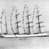 Training ship "Herzogin Sophie Charlotte" on the birthday of H.M. Kaiser Wilhelm 2 1902.  Built in 1894 at Bremerhaven as "Albert Rickmers" by Rickmers for themselves.  A 4 masted steel Barque, she was purchased by North German Lloyd in 1900 and used as a