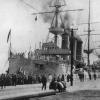 "H.M.S. Challenger" and "H.M.A.S. Encounter", a Challenger class twin screw second class protected cruiser.  Laid down on 28th January 1901 and launched on 18th June 1902.  In later years was given light cruiser status.  She arrived in Australian waters i